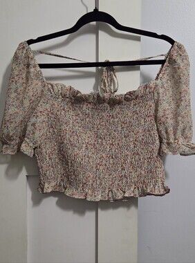 NWT - bohme - Multicolor Floral Smocked Off-Shoulder Crop Top
